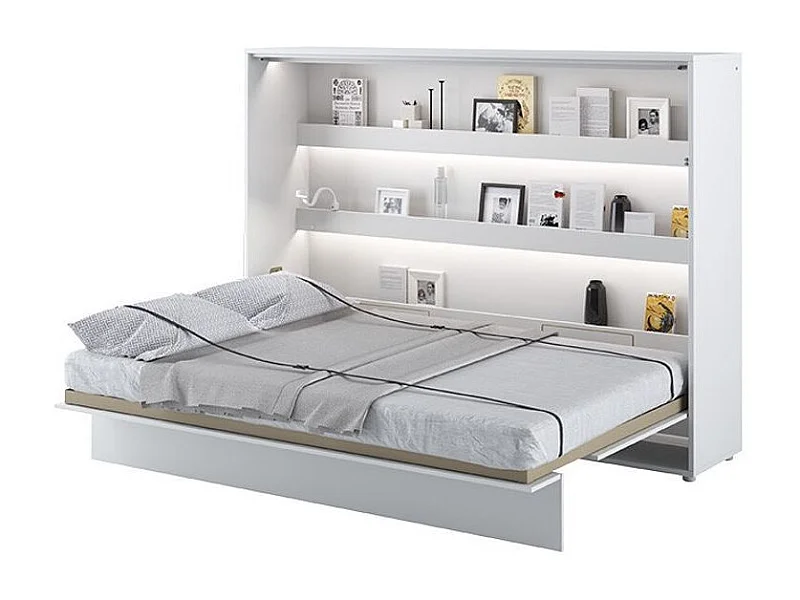 Lit escamotable horizontal avec étagères blanc mat Noby 140x200-Avec matelas-Avec Led sans veilleuses