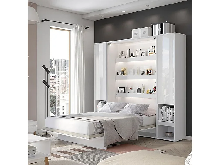 Lit escamotable horizontal avec étagères blanc brillant Noby 90x200-