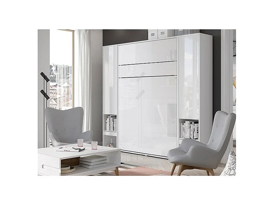 Lit escamotable vertical blanc mat avec 2 armoires de rangement Noby-90x200