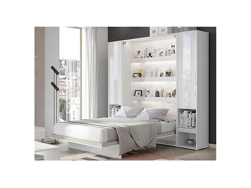 Lit escamotable vertical blanc mat avec 2 armoires de rangement Noby-90x200