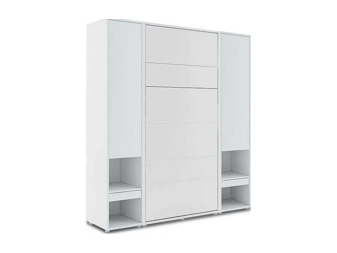 Lit escamotable vertical blanc mat avec 2 armoires de rangement Noby-90x200