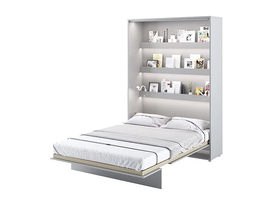 Lit escamotable vertical avec étagères bois gris mat Noby 140x200-Avec Led sans veilleuses