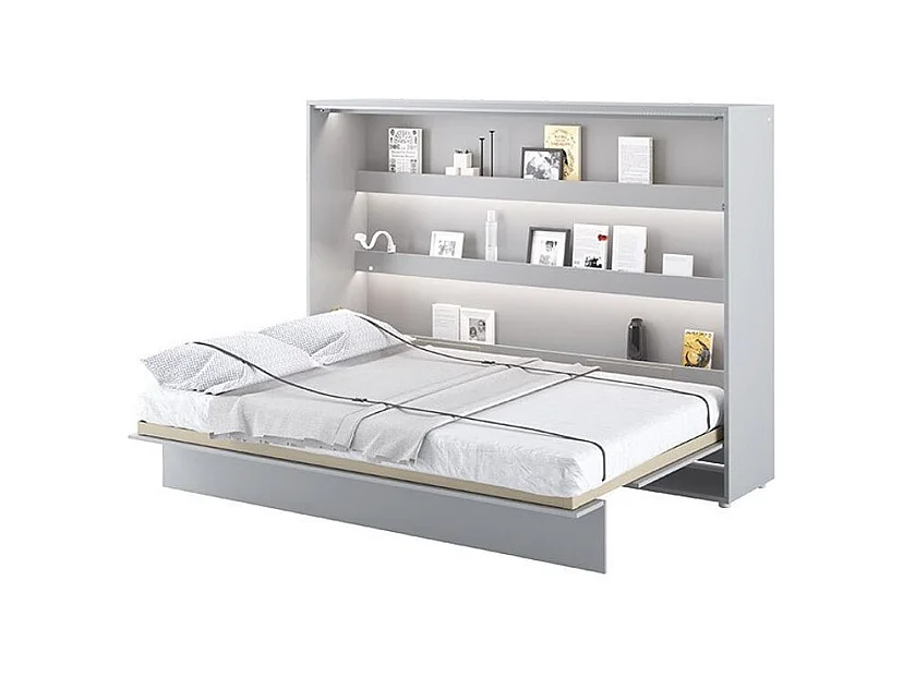 Lit escamotable horizontal avec étagères gris mat Noby 120x200-Avec matelas-Avec Led et 2 veilleuses