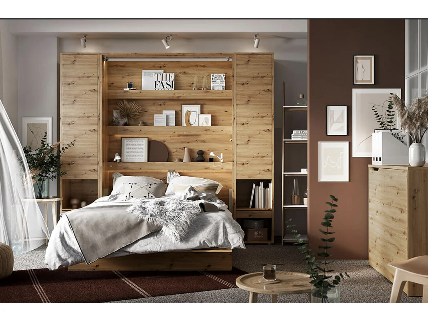 Lit escamotable vertical chêne artisan avec 2 armoires de rangement Noby-180x200