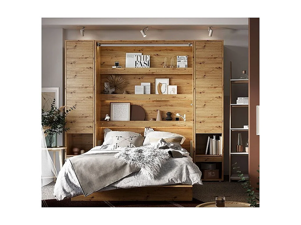 Lit escamotable vertical chêne artisan avec 2 armoires de rangement Noby-180x200