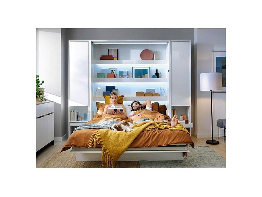 Lit escamotable vertical blanc mat avec 2 armoires de rangement Noby-Avec Led-160x200