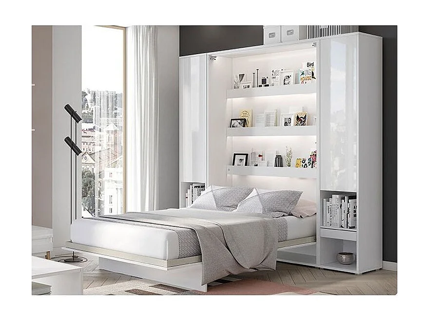 Lit escamotable vertical blanc mat avec 2 armoires de rangement Noby-Avec Led-160x200