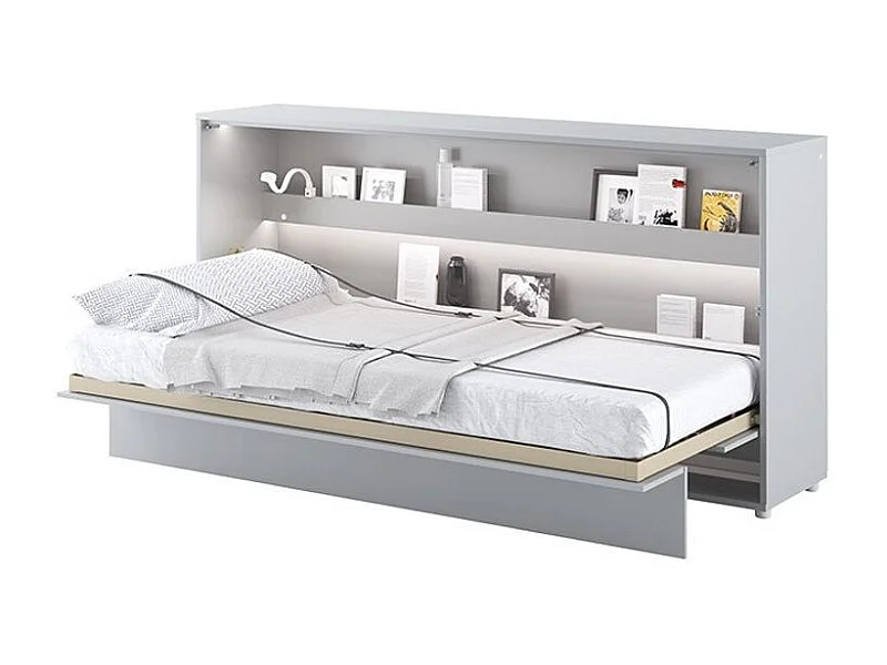 Lit escamotable horizontal avec étagères gris mat Noby 90x200-Avec matelas-Avec Led et 1 veilleuse