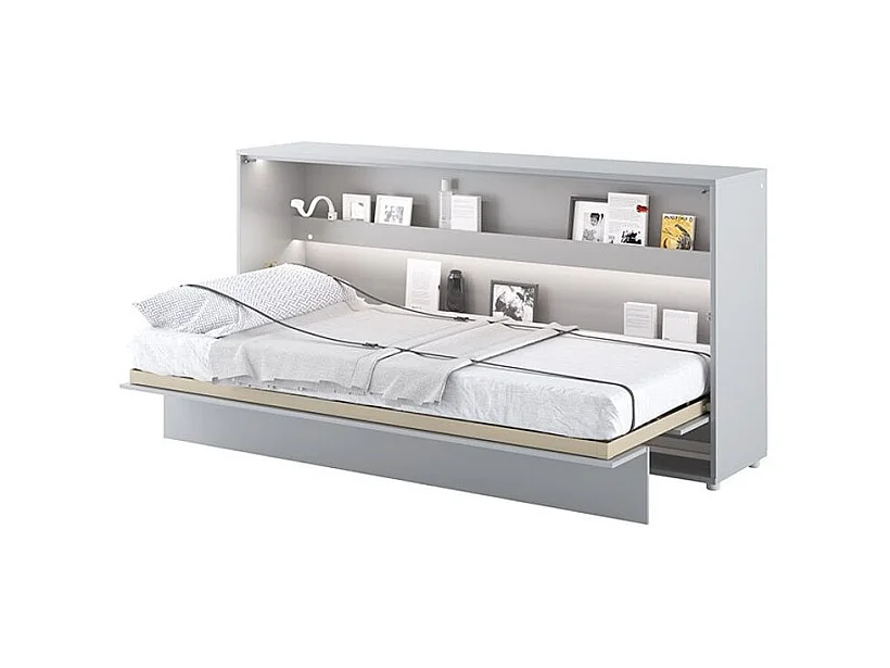Lit escamotable horizontal avec étagères gris mat Noby 90x200-Avec matelas-Avec Led et 1 veilleuse