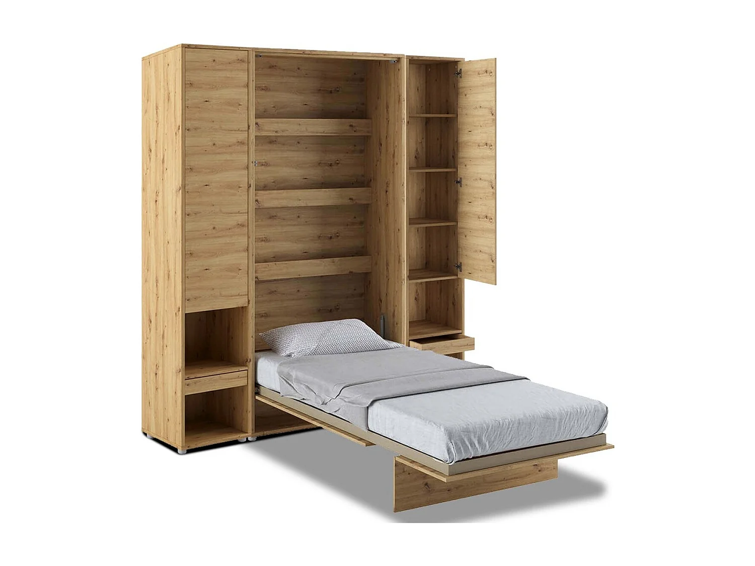 Lit escamotable vertical chêne artisan avec 2 armoires de rangement Noby-Avec Led-180x200