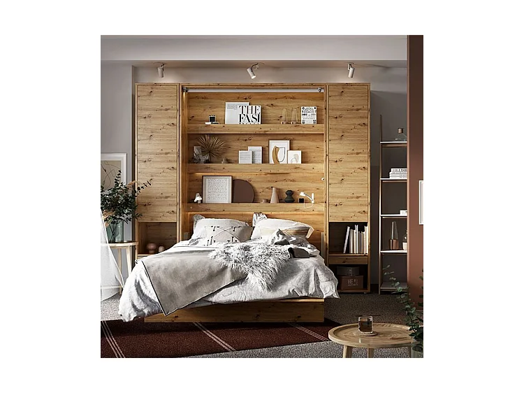 Lit escamotable vertical avec étagères chêne artisan Noby 90x200-Avec matelas-Avec Led sans veilleuses