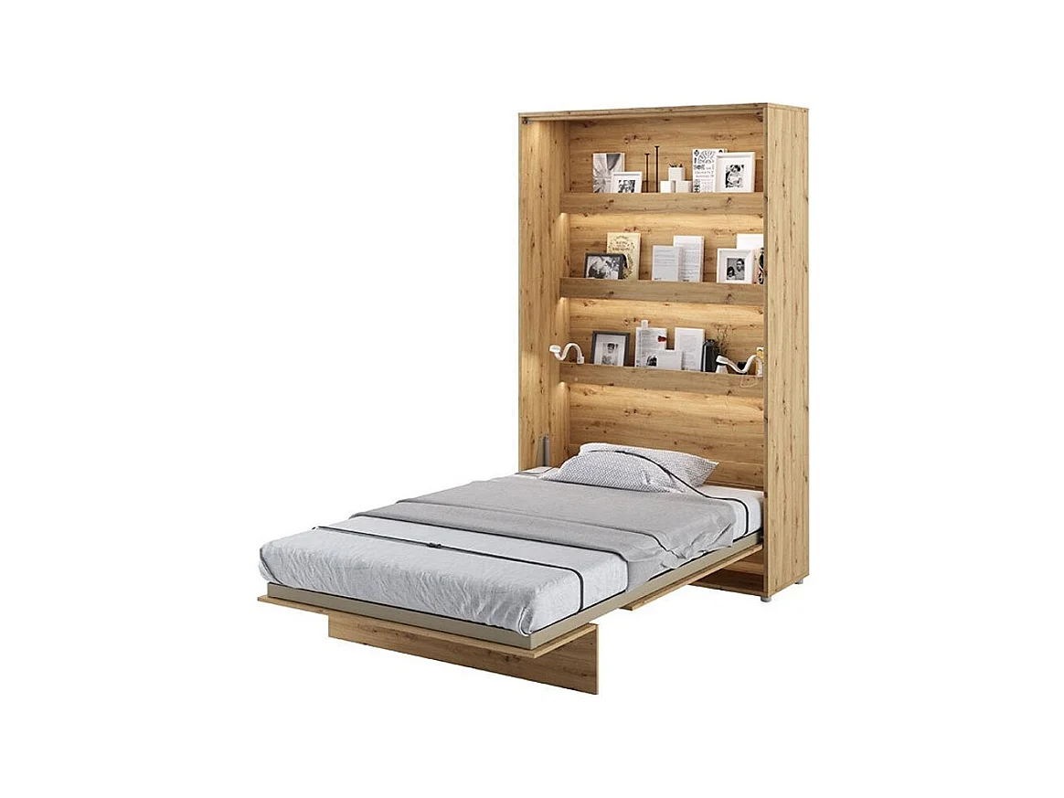 Lit escamotable vertical avec étagères chêne artisan Noby 90x200-Avec matelas-Avec Led sans veilleuses