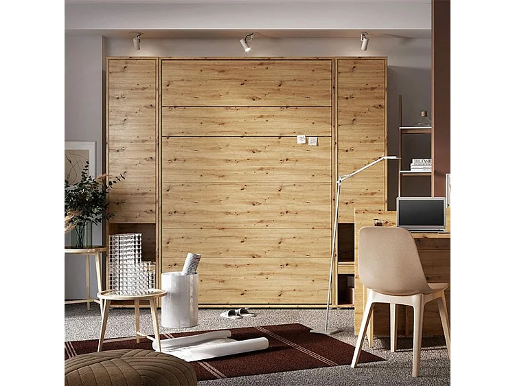 Lit escamotable vertical avec étagères chêne artisan Noby 90x200-Avec matelas-Avec Led sans veilleuses