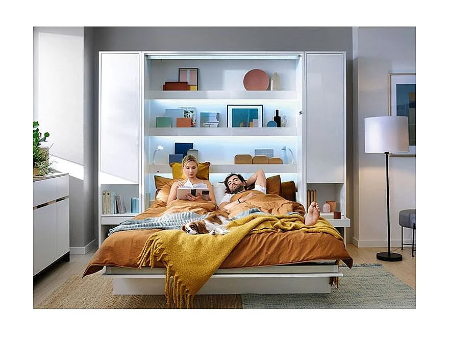 Lit escamotable vertical blanc mat avec 2 armoires de rangement Noby-140x200