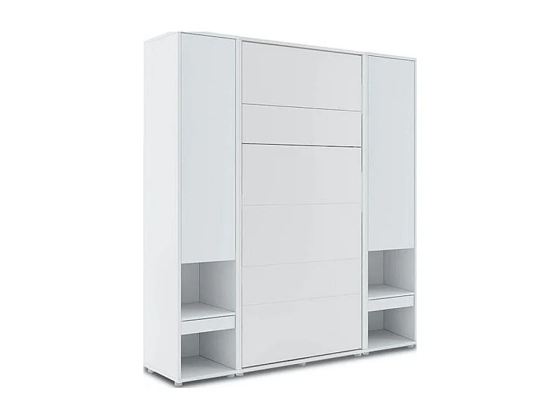Lit escamotable vertical blanc mat avec 2 armoires de rangement Noby-160x200