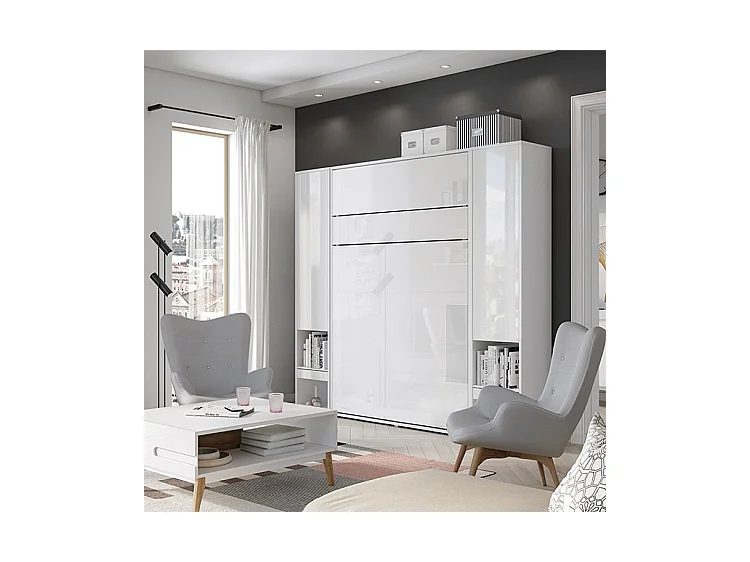 Lit escamotable vertical avec étagères blanc brillant Noby 120x200-Avec Led et 2 veilleuses