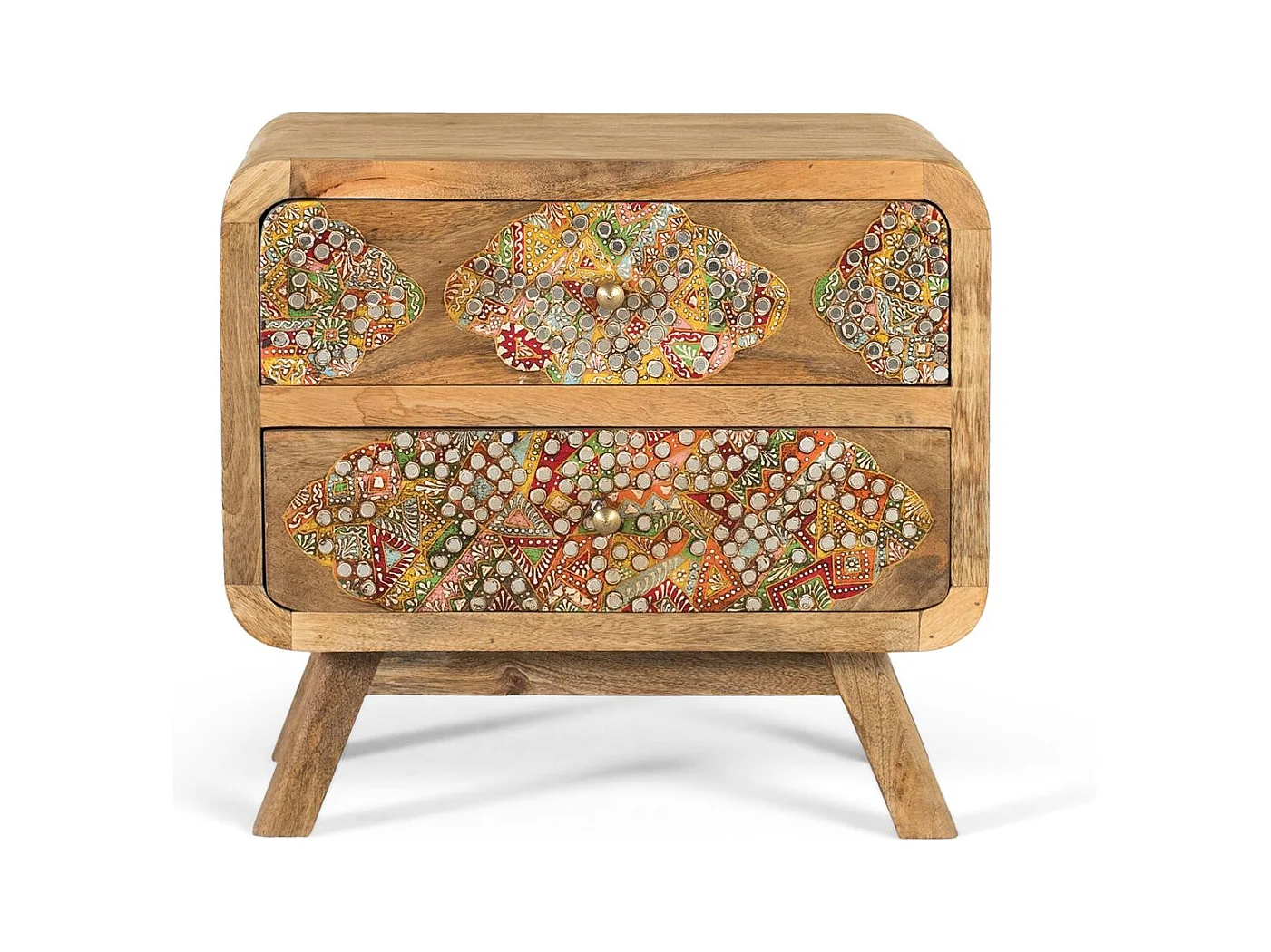 Handbemalter Nachttisch aus Mangoholz mit ethnischem Finish