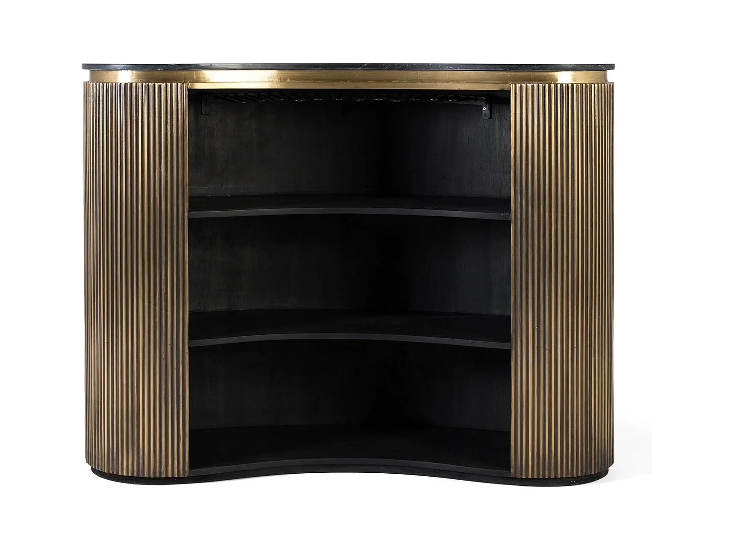 Meuble bar avec façade incurvée dorée et étagères à l'intérieur
