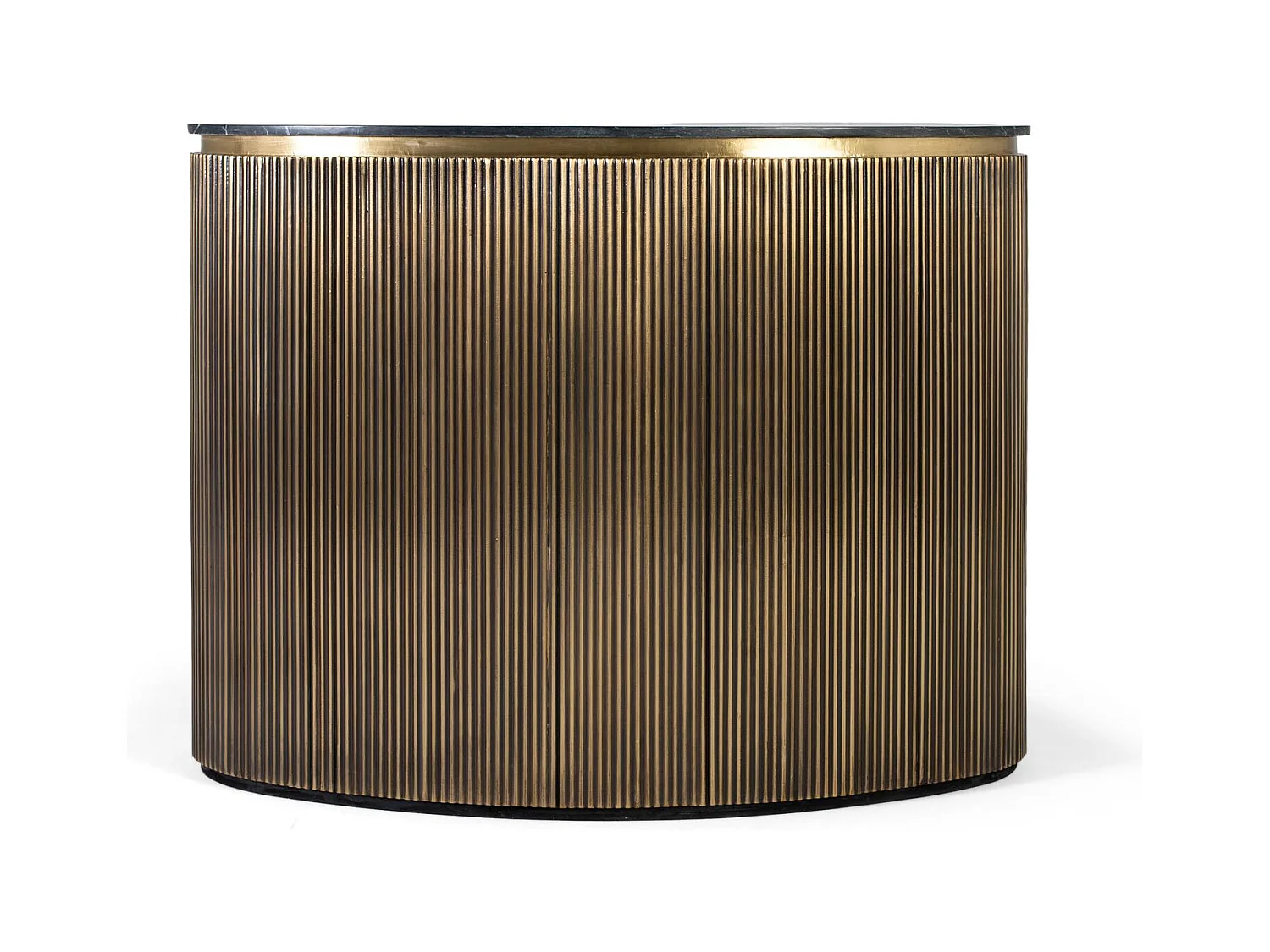 Meuble bar avec façade incurvée dorée et étagères à l'intérieur