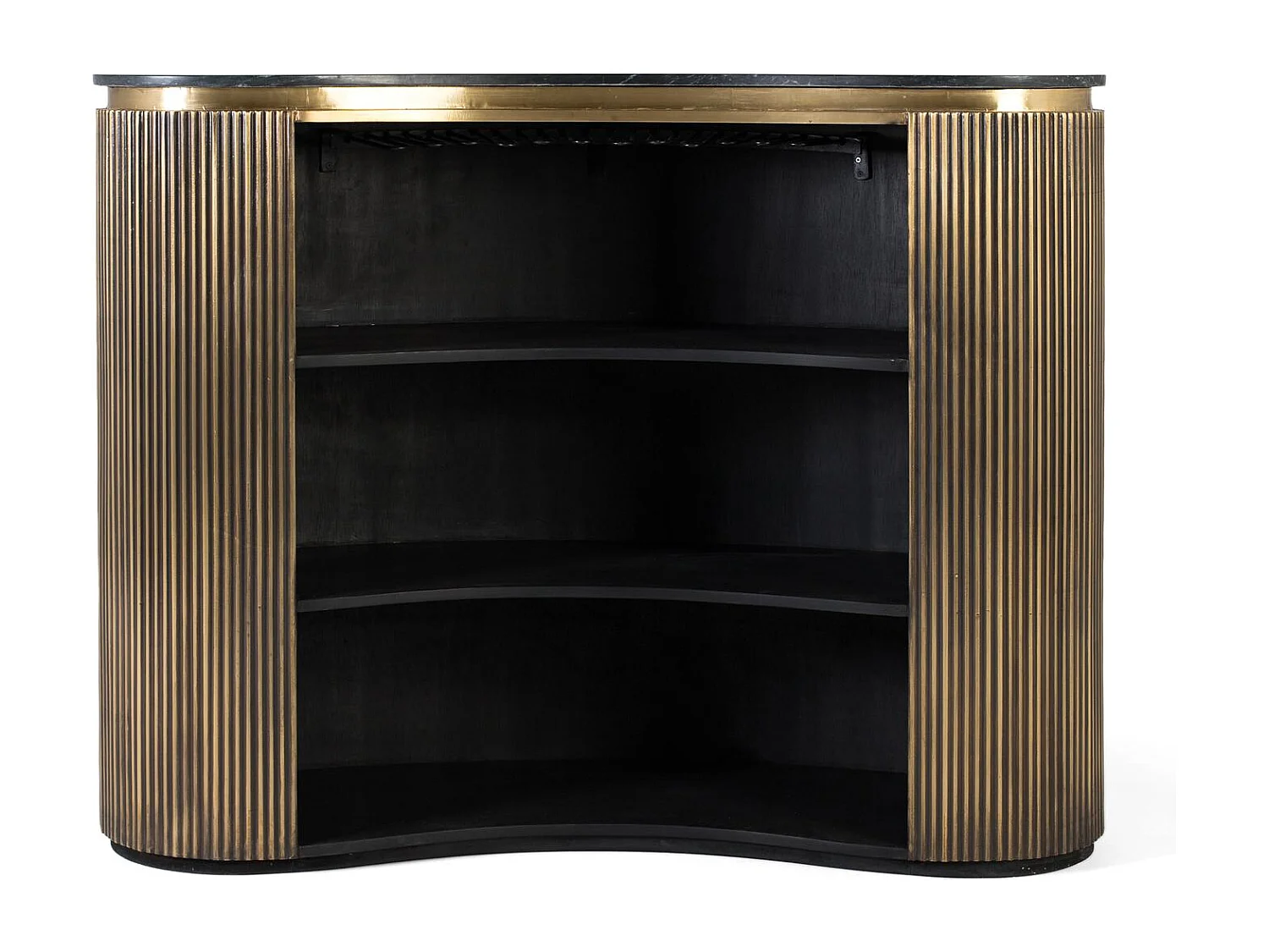 Barschrank mit geschwungener Goldfront und Ablageflächen im Inneren