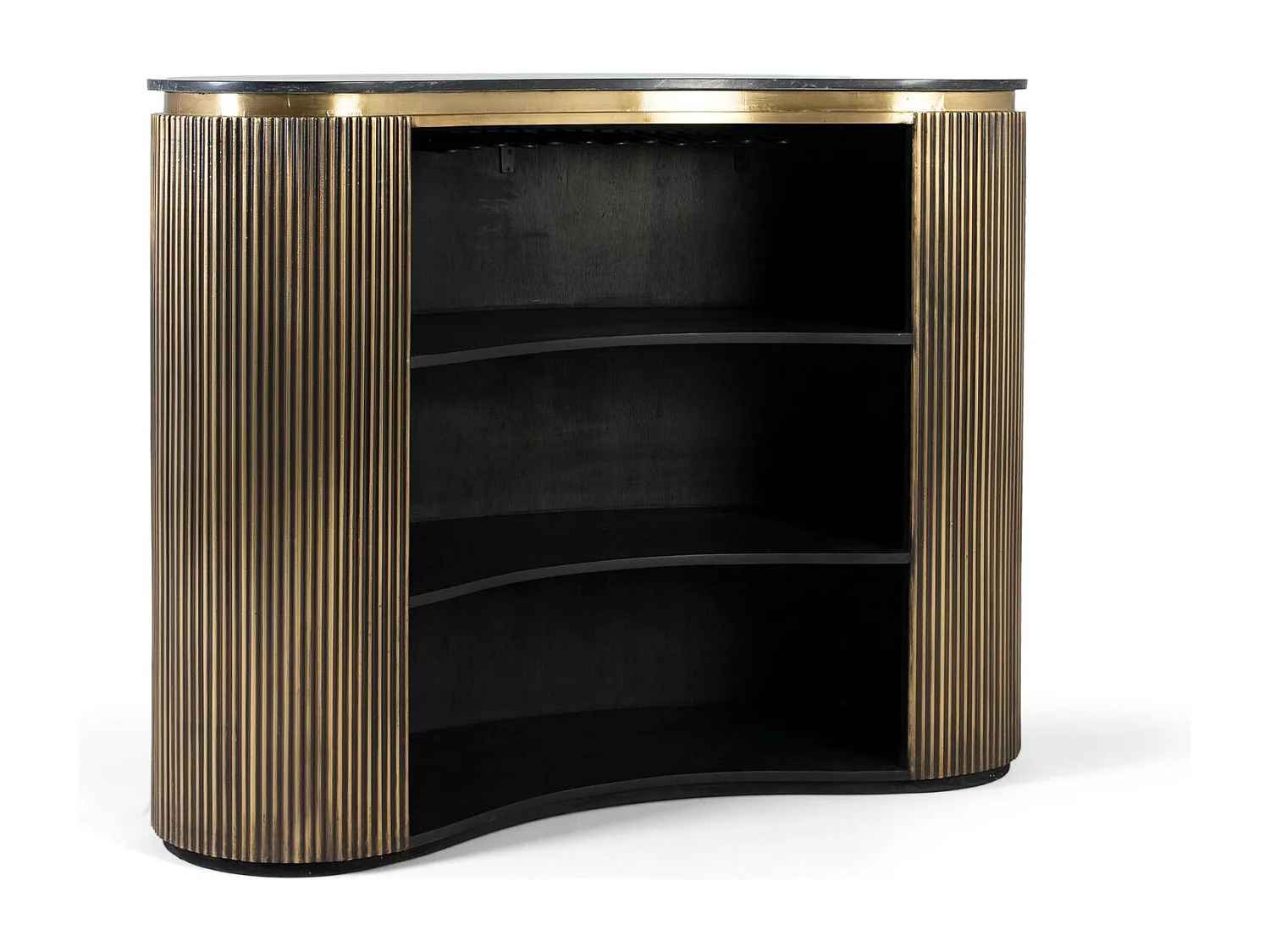 Barschrank mit geschwungener Goldfront und Ablageflächen im Inneren