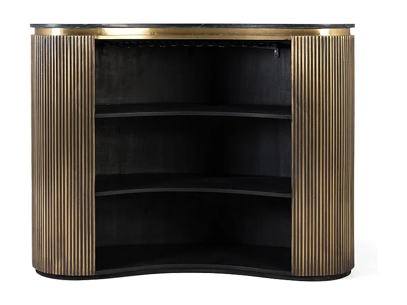 Mobile bar con frontale curvo dorato e ripiani interni