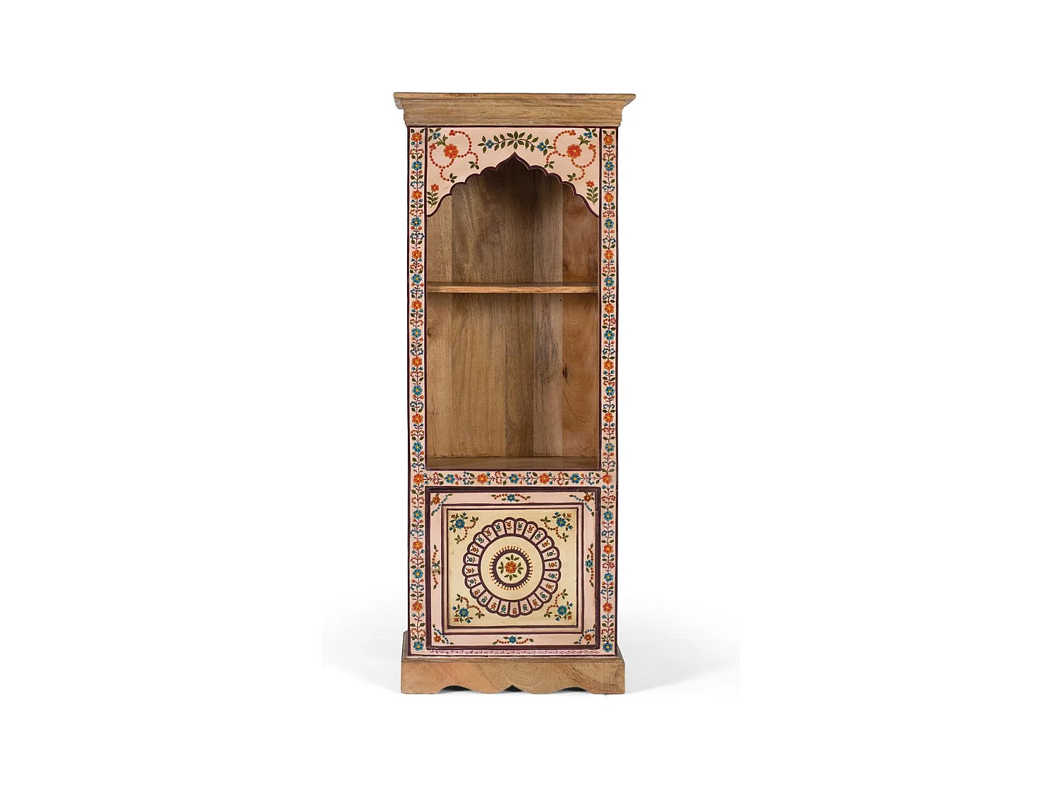 Bibliothèque en bois de manguier avec détails floraux peints à la main