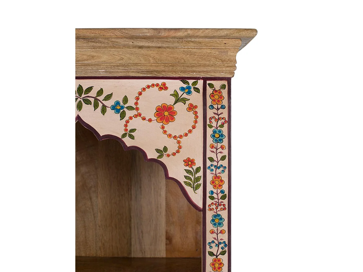 Bibliothèque en bois de manguier avec détails floraux peints à la main