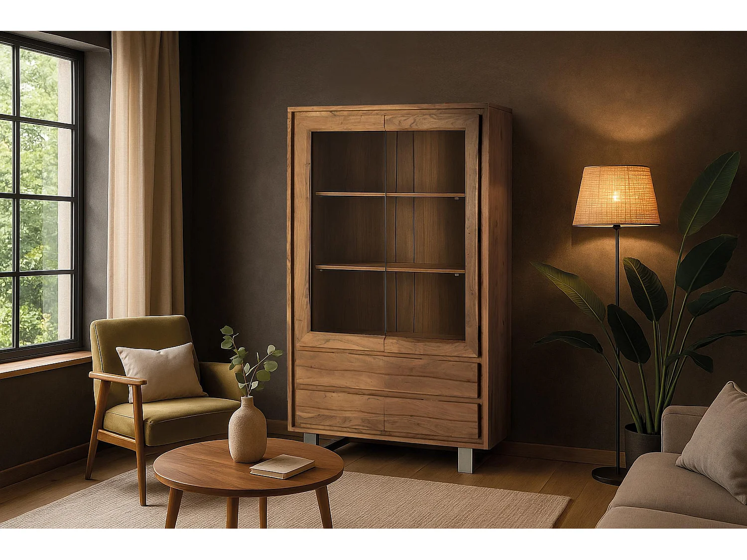 Vetrina in legno di acacia, stile rustico moderno, 120 cm - 190x120x45
