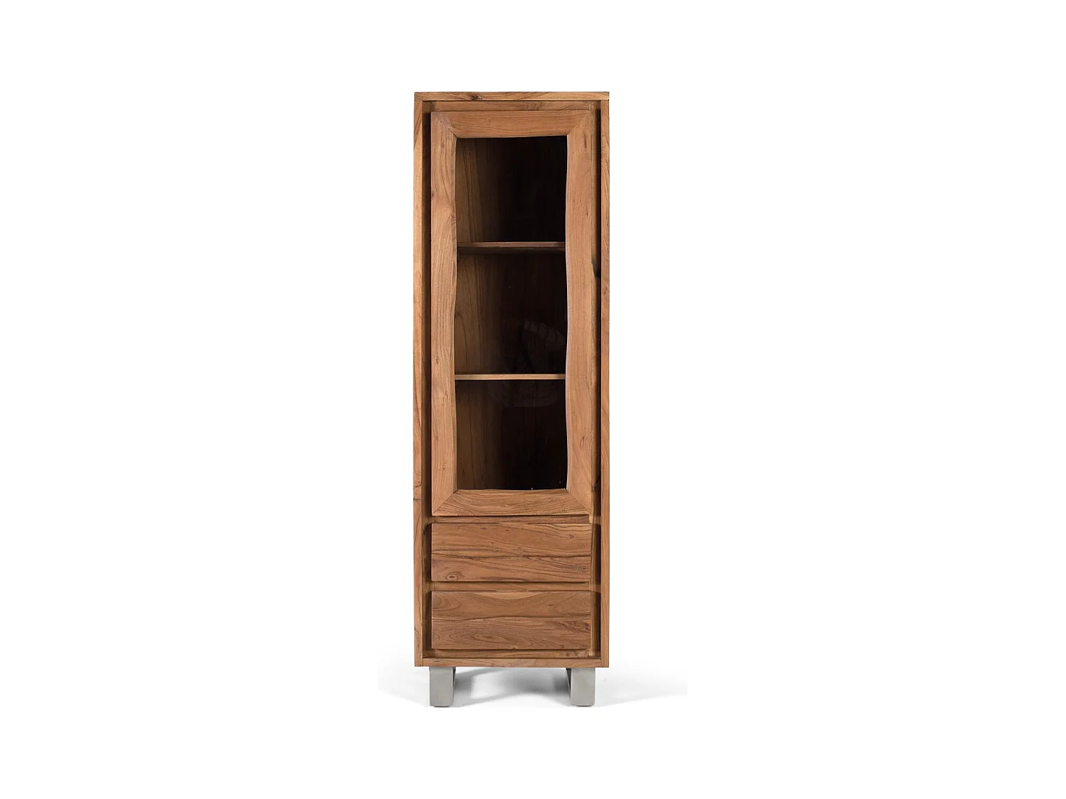 Vitrinekast van massief acaciahout met glas
