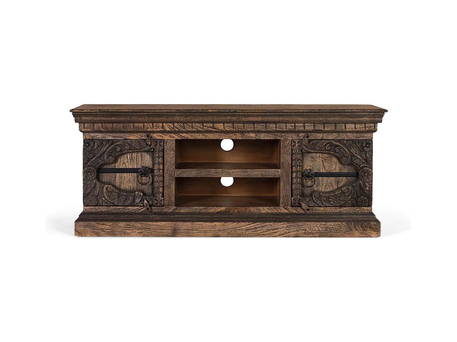 Meuble TV en bois de manguier massif avec deux portes et deux étagères