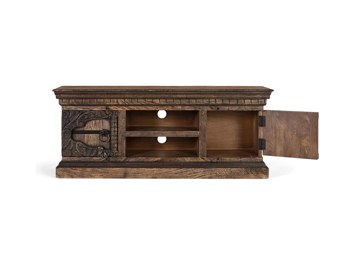 Meuble TV en bois de manguier massif avec deux portes et deux étagères