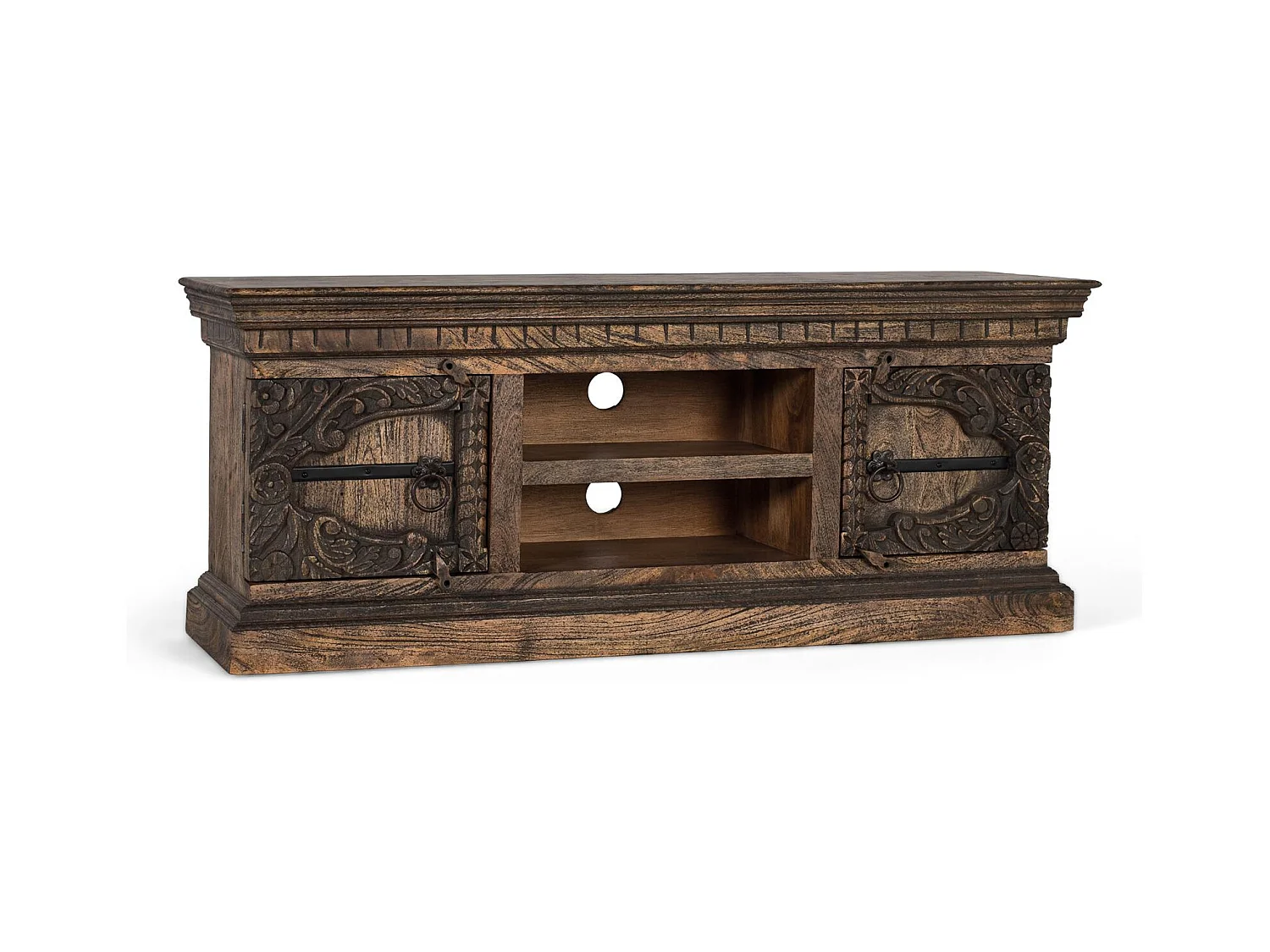 Meuble TV en bois de manguier massif avec deux portes et deux étagères