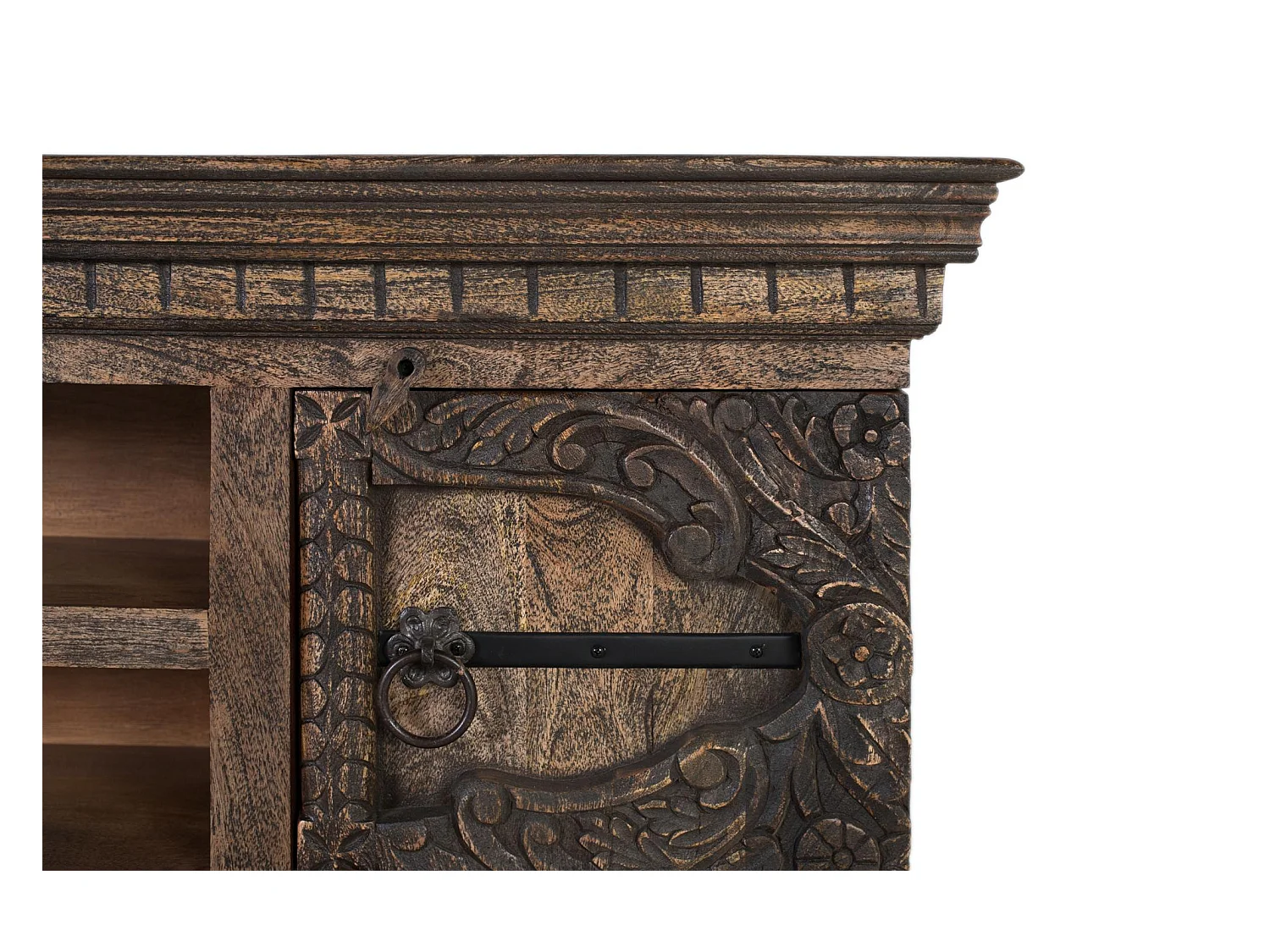 Meuble TV en bois de manguier massif avec deux portes et deux étagères