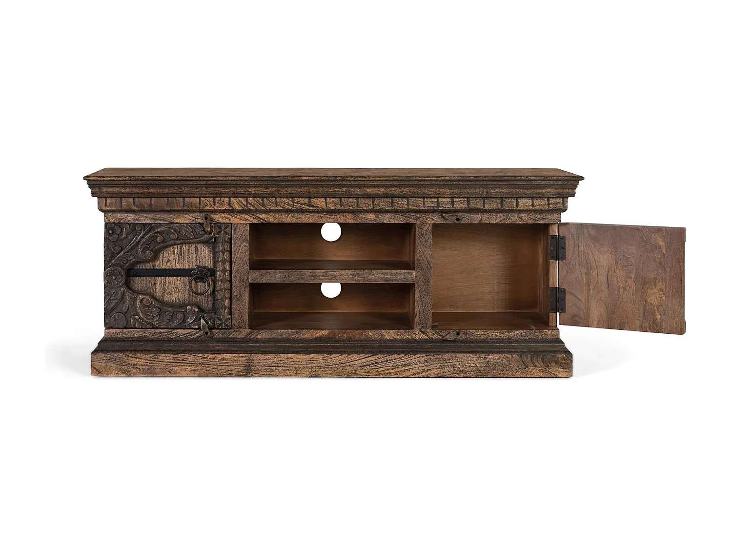 Meuble TV en bois de manguier massif avec deux portes et deux étagères