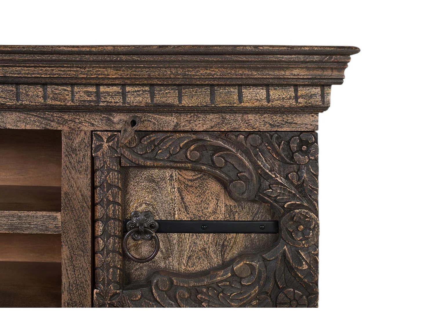 Meuble TV en bois de manguier massif avec deux portes et deux étagères