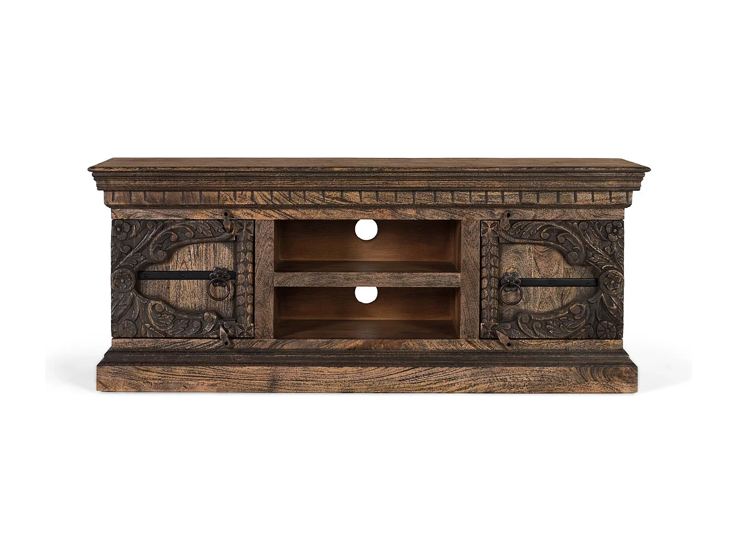 Meuble TV en bois de manguier massif avec deux portes et deux étagères