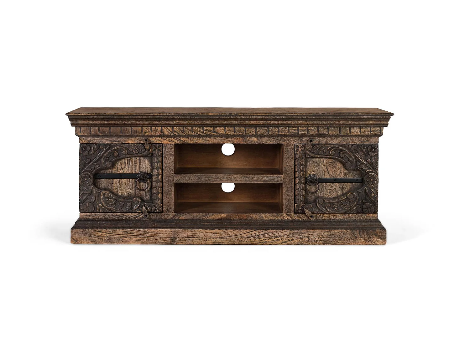 TV-bord i massivt mangotræ med to låger og to hylder