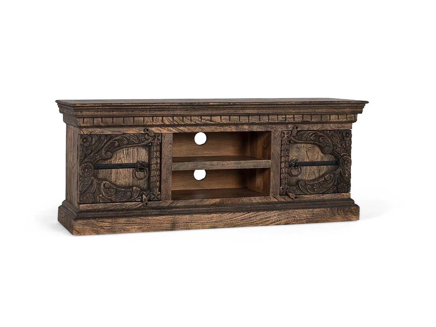 TV-bord i massivt mangotræ med to låger og to hylder