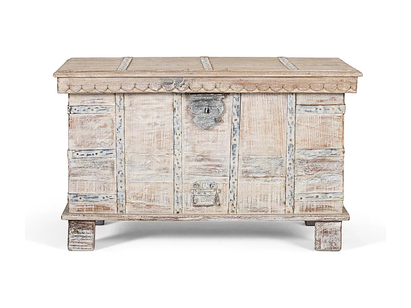 Coffre en bois avec ouverture par le haut et finition blanche décapée