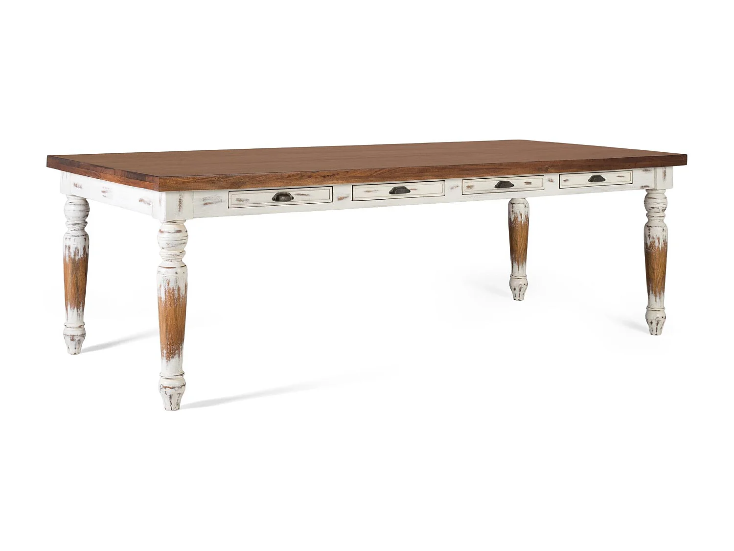 Mesa à manjedoura em madeira manguier com pedras torneadas, 240 cm