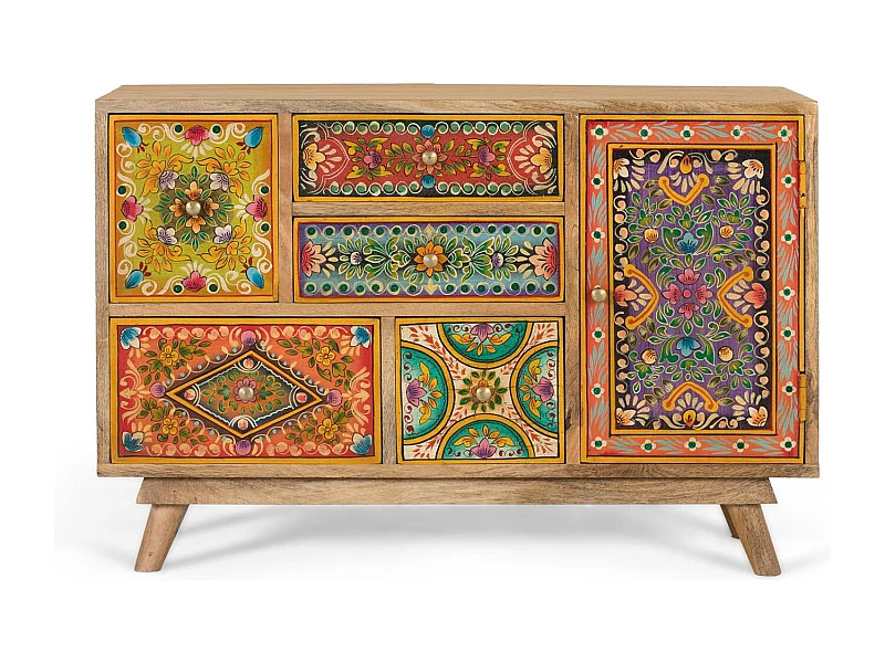 Commode en bois de manguier avec 6 tiroirs peints à la main