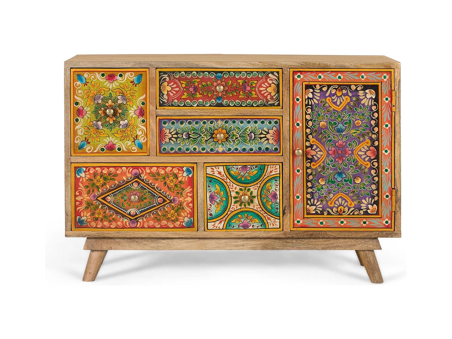 Commode en bois de manguier avec 6 tiroirs peints à la main