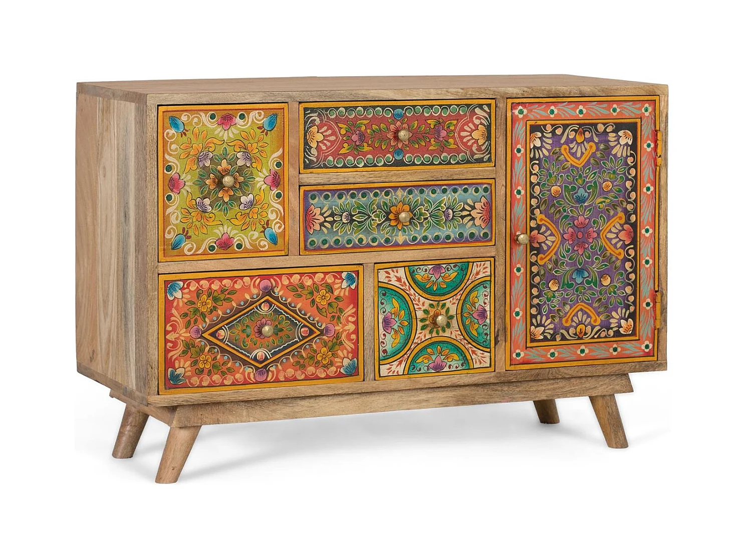 Commode en bois de manguier avec 6 tiroirs peints à la main