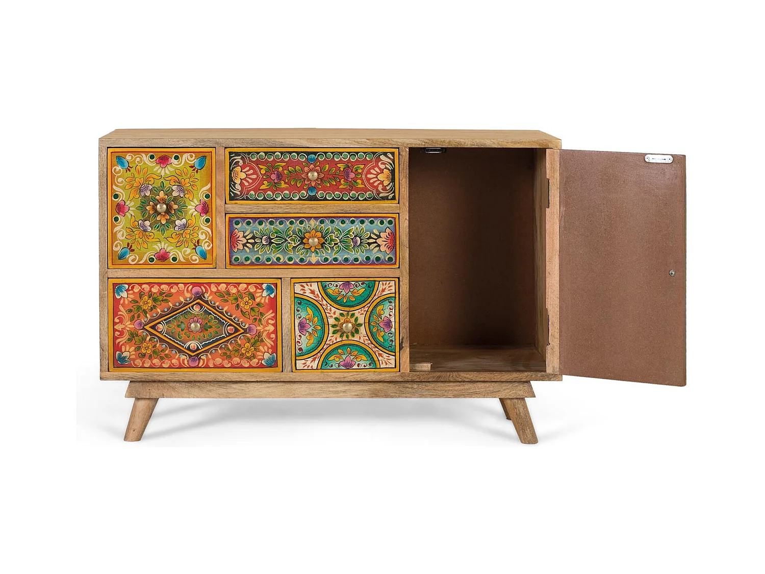 Commode en bois de manguier avec 6 tiroirs peints à la main