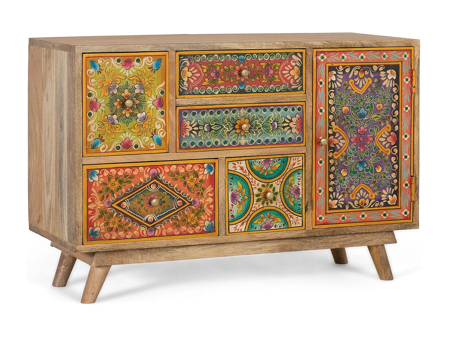 Commode en bois de manguier avec 6 tiroirs peints à la main