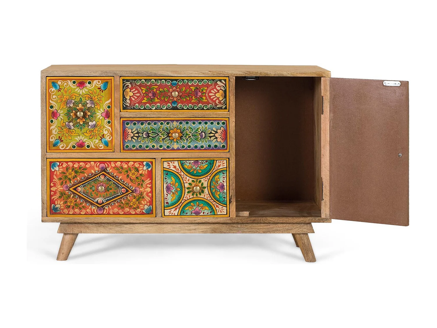 Commode en bois de manguier avec 6 tiroirs peints à la main