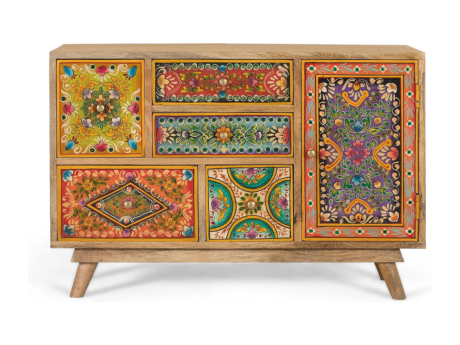 Commode en bois de manguier avec 6 tiroirs peints à la main