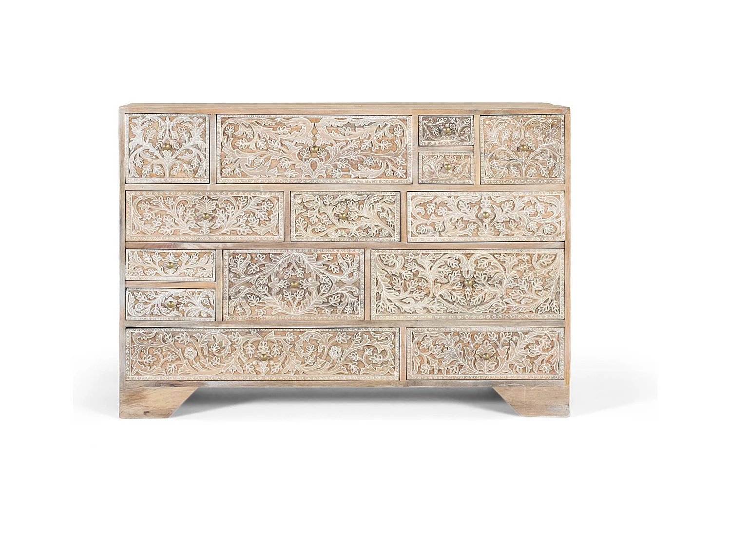 Cassettiera in legno di mango con 14 cassetti intagliati a mano