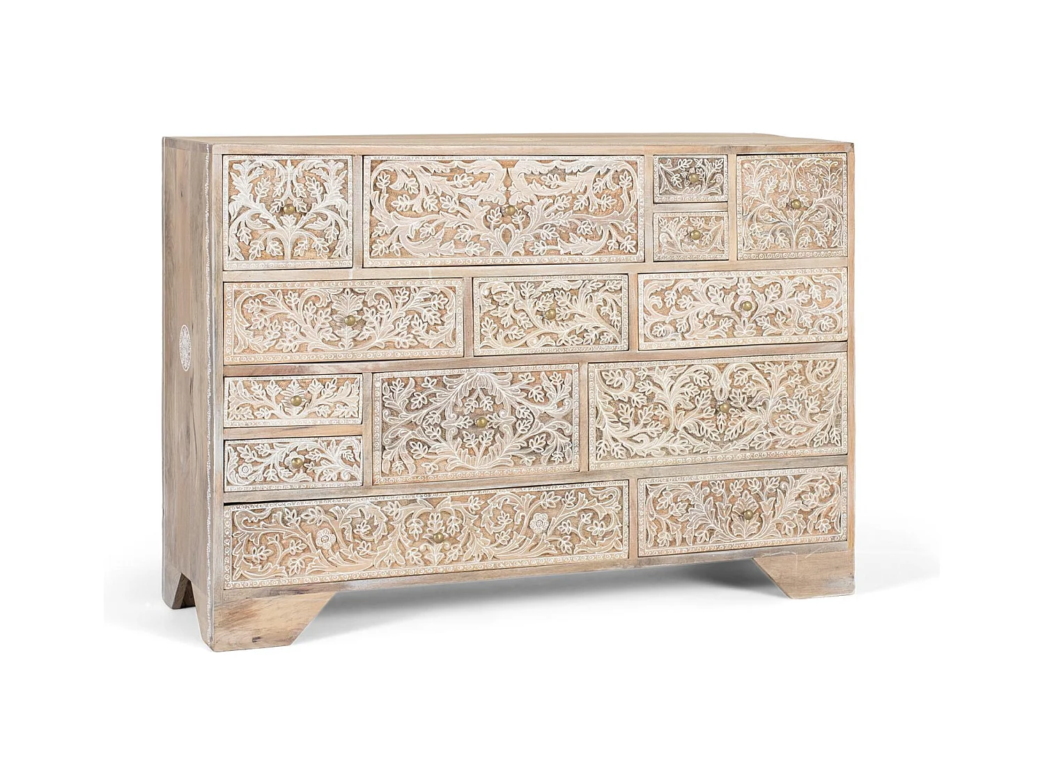 Cassettiera in legno di mango con 14 cassetti intagliati a mano